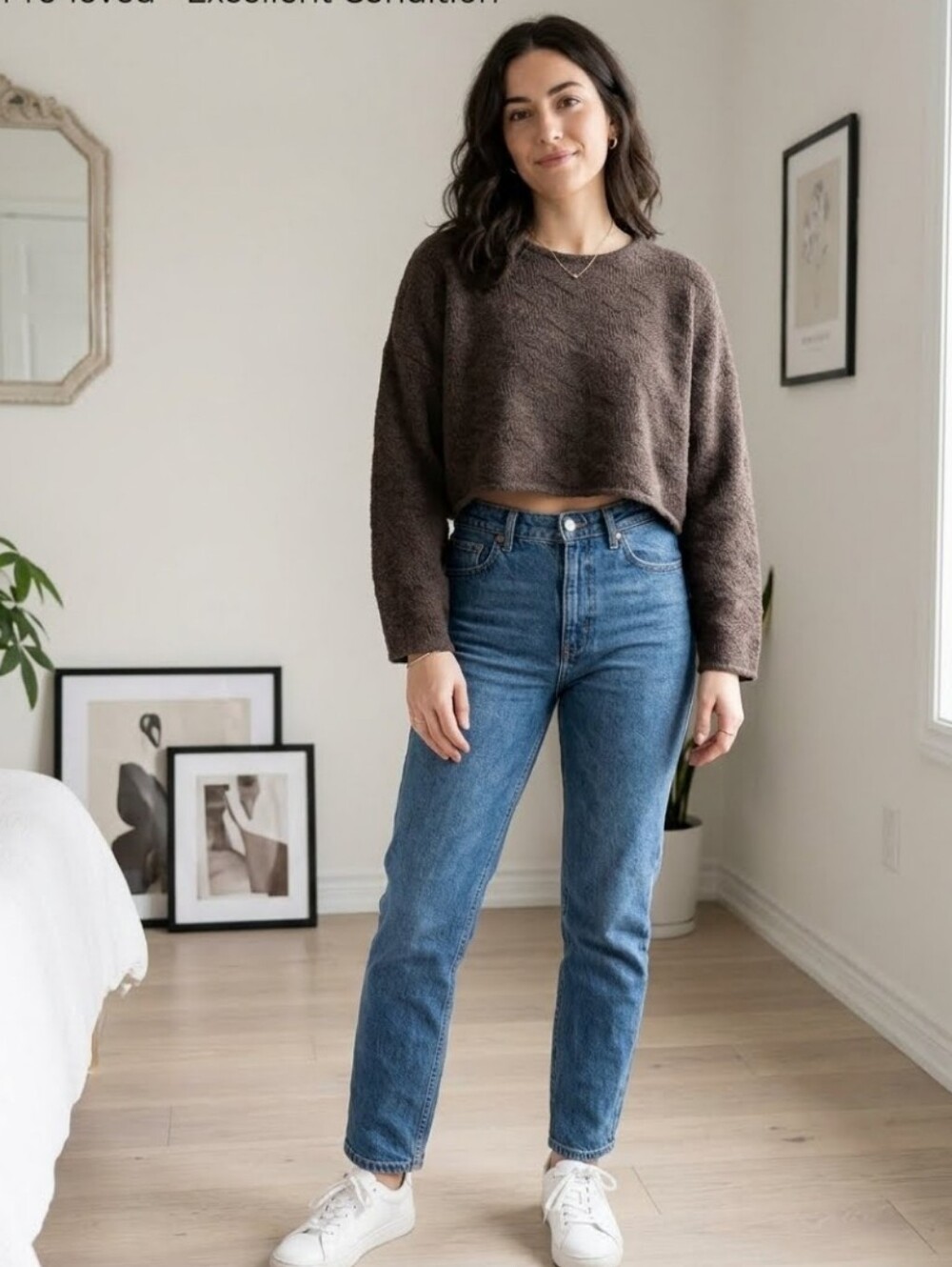 LILITH Size M, Cropped Wool Knit Pullover Sweater, Espresso Brown